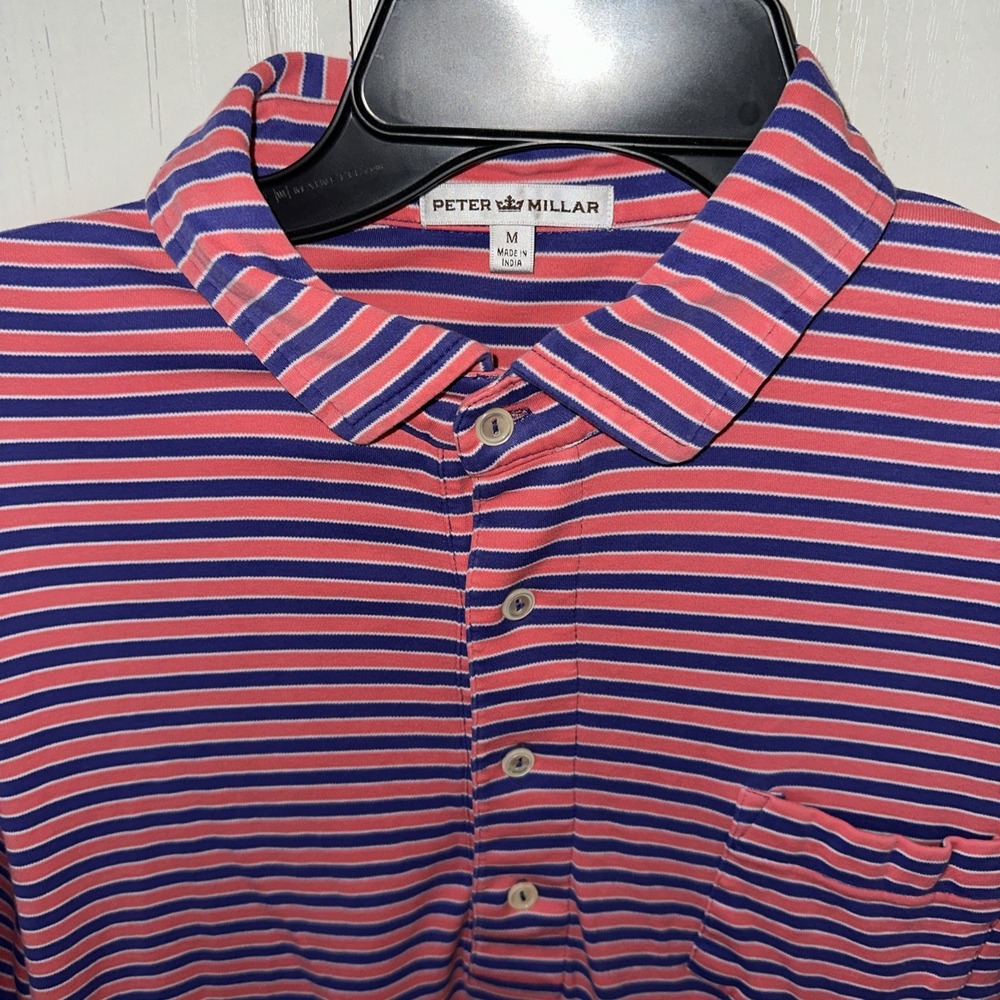 PETER MILLAR Men Golf Sport Polo Orange/Purple Striped 100% Cotton Medium